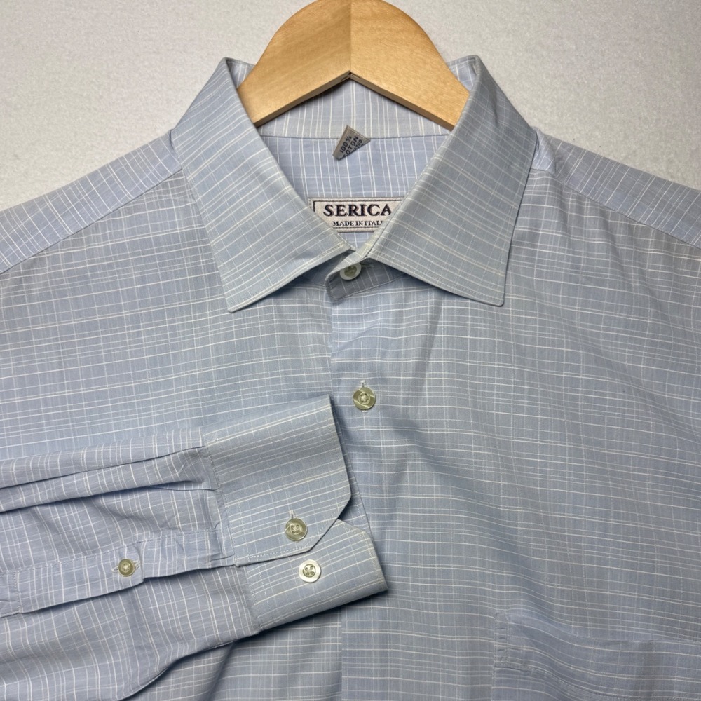 Serica Mens XL Windowpane Dress Shirt Blue‎ Italy Cotton Button Up Classic Work